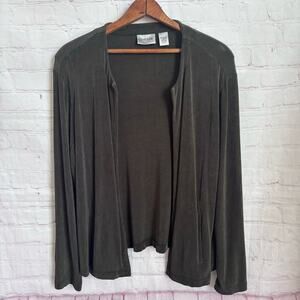 Chico’s Travelers olive green slinky fabric open front long sleeve cardigan top